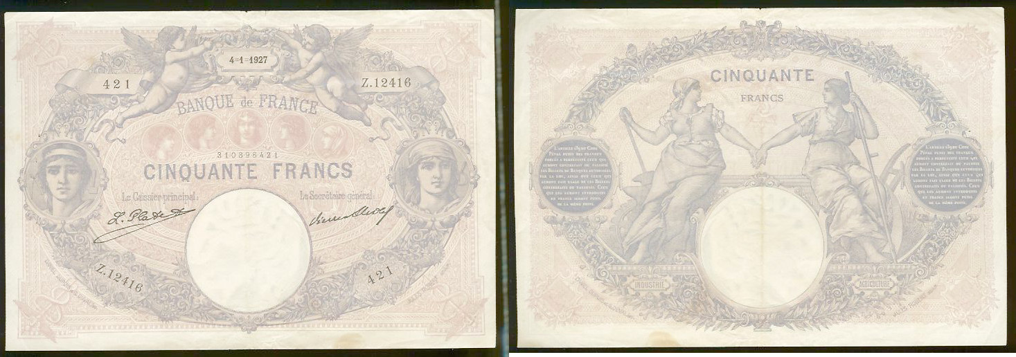 50 Francs BLEU ET ROSE FRANCE 1927 TTB
